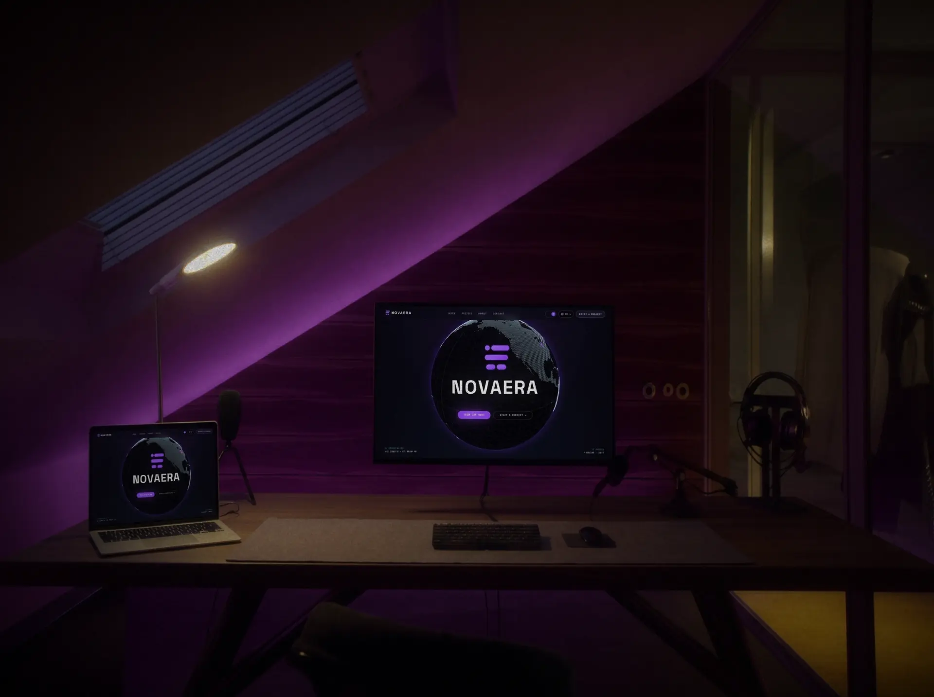NovaEra website shown on a monitor and laptop in a purple-lit studio